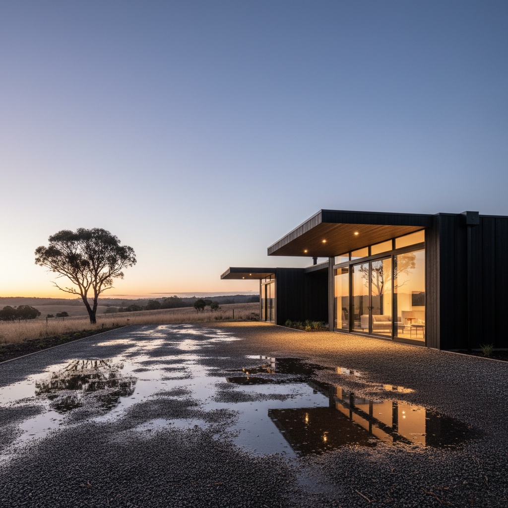 A finished dark-clad house at dusk with warm interior light and a wet gravel driveway