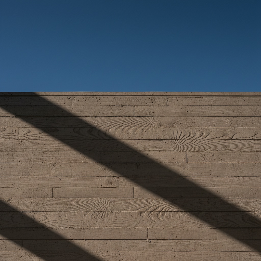 A board-formed concrete wall with timber grain imprinted in the surface, lit by sharp raking sun