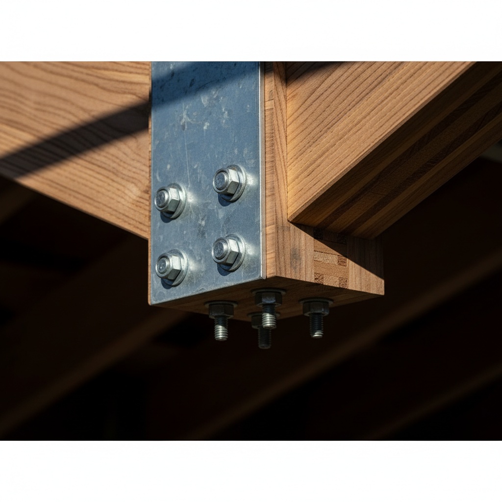 An engineered timber beam bolted to a galvanised steel bracket in hard raking light