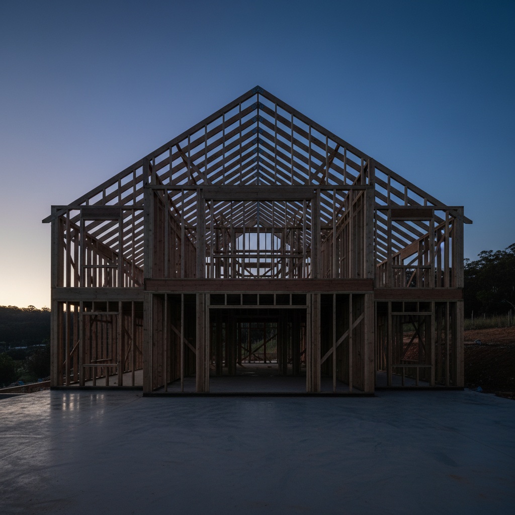 A large timber house frame at dusk, its rafters and studs forming a geometric lattice against a deep blue sky